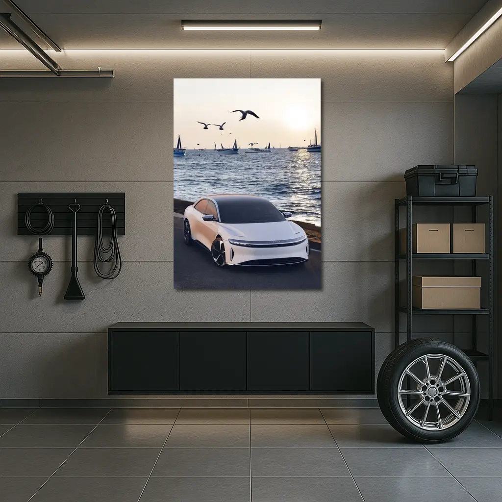 Lucid Air Grand Touring White Coastal Sunset – Wall Art