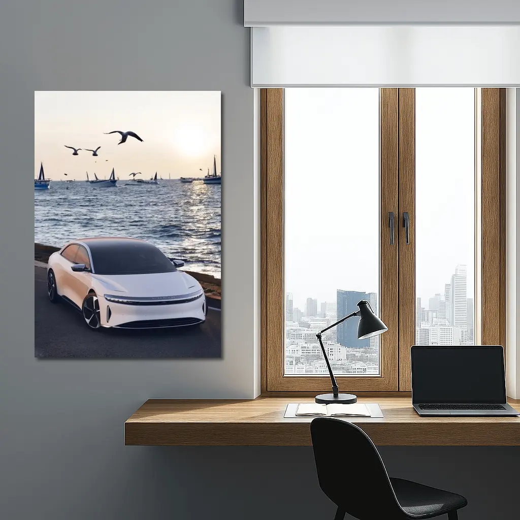 Lucid Air Grand Touring White Coastal Sunset – Wall Art