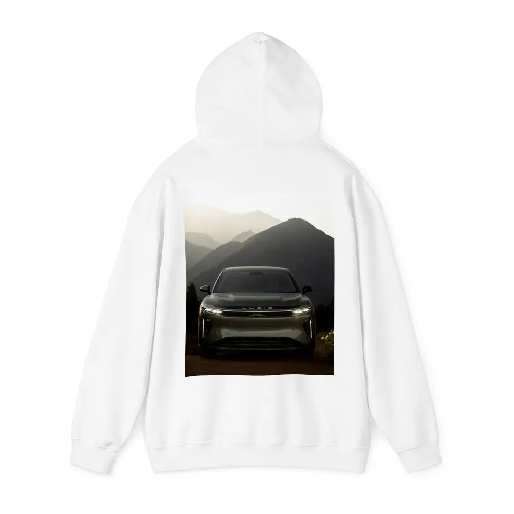 Lucid SUV Front View Mountain Backdrop – Hoodies