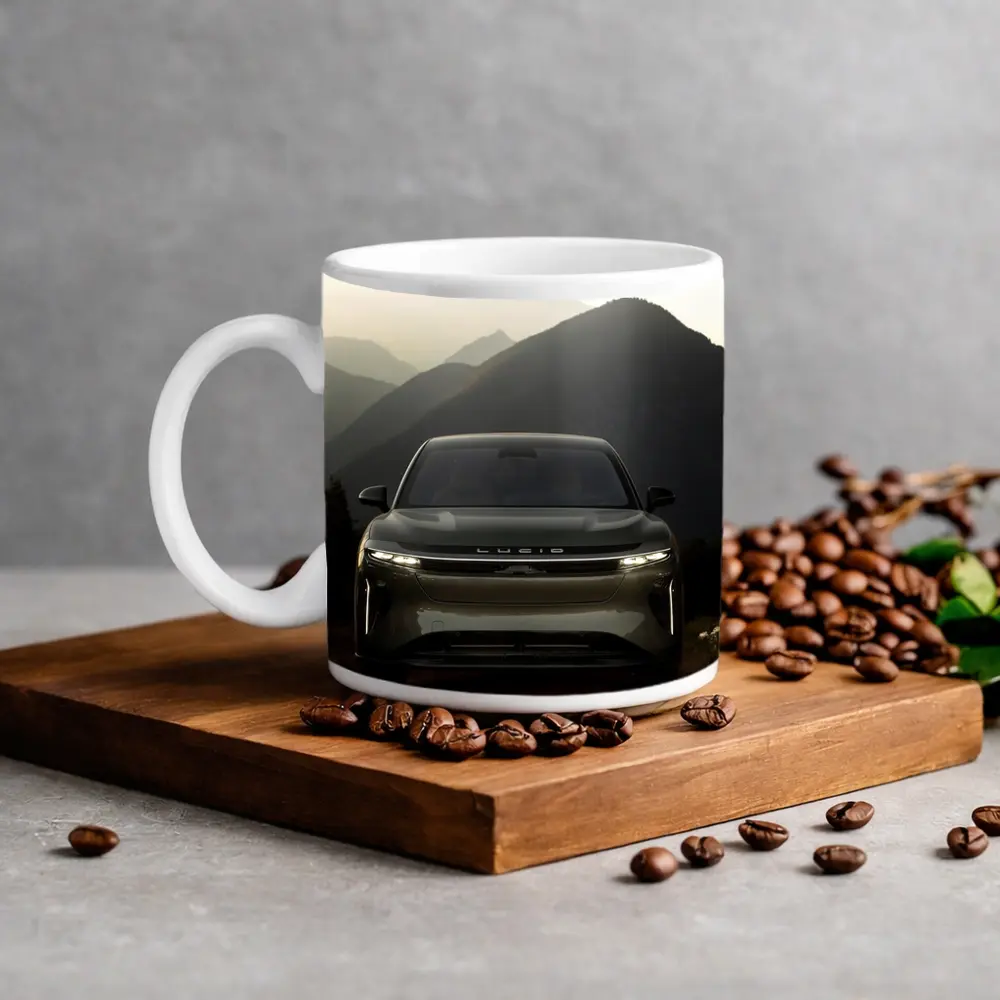 Lucid SUV Front View Mountain Backdrop – Mugs