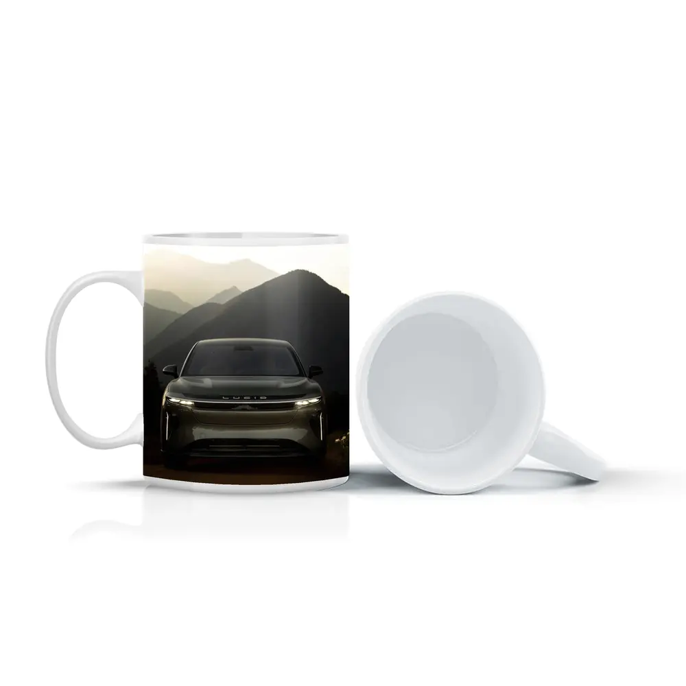 Lucid SUV Front View Mountain Backdrop – Mugs