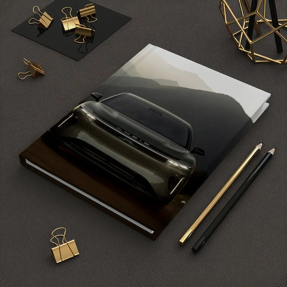 Lucid SUV Front View Mountain Backdrop – Notebooks