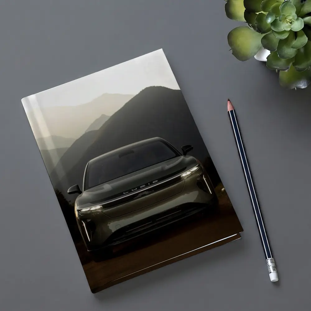 Lucid SUV Front View Mountain Backdrop – Notebooks