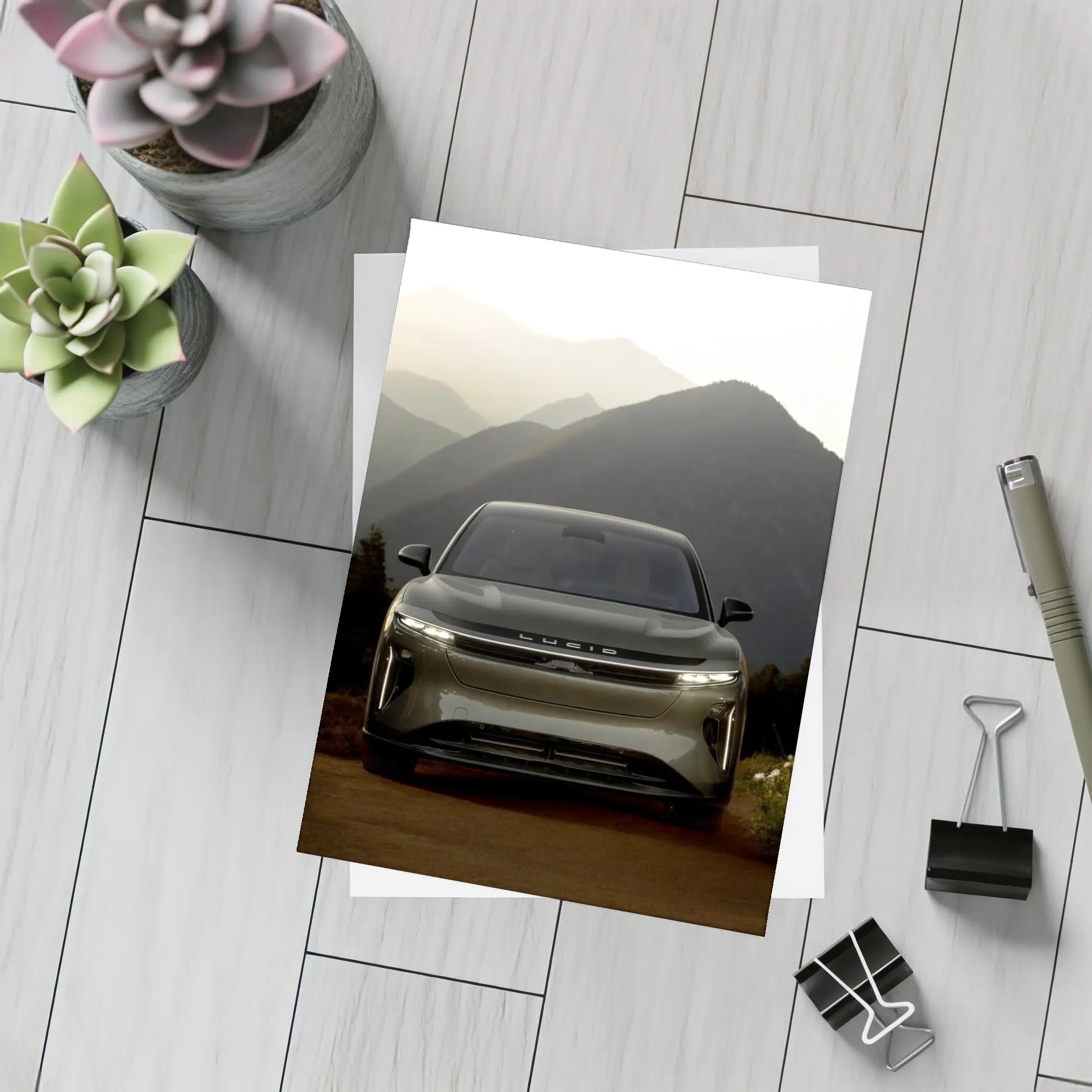 Lucid SUV Front View Mountain Backdrop – Postcards