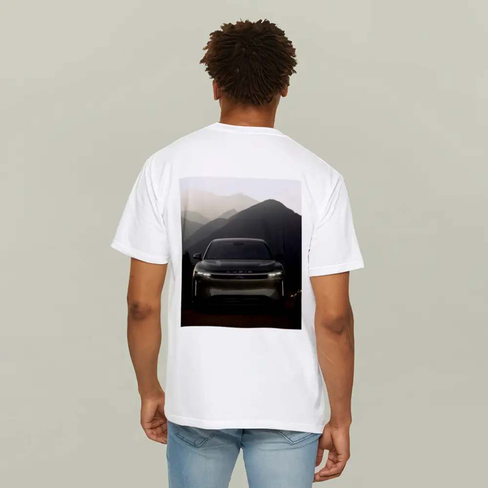 Lucid SUV Front View Mountain Backdrop – T-Shirts