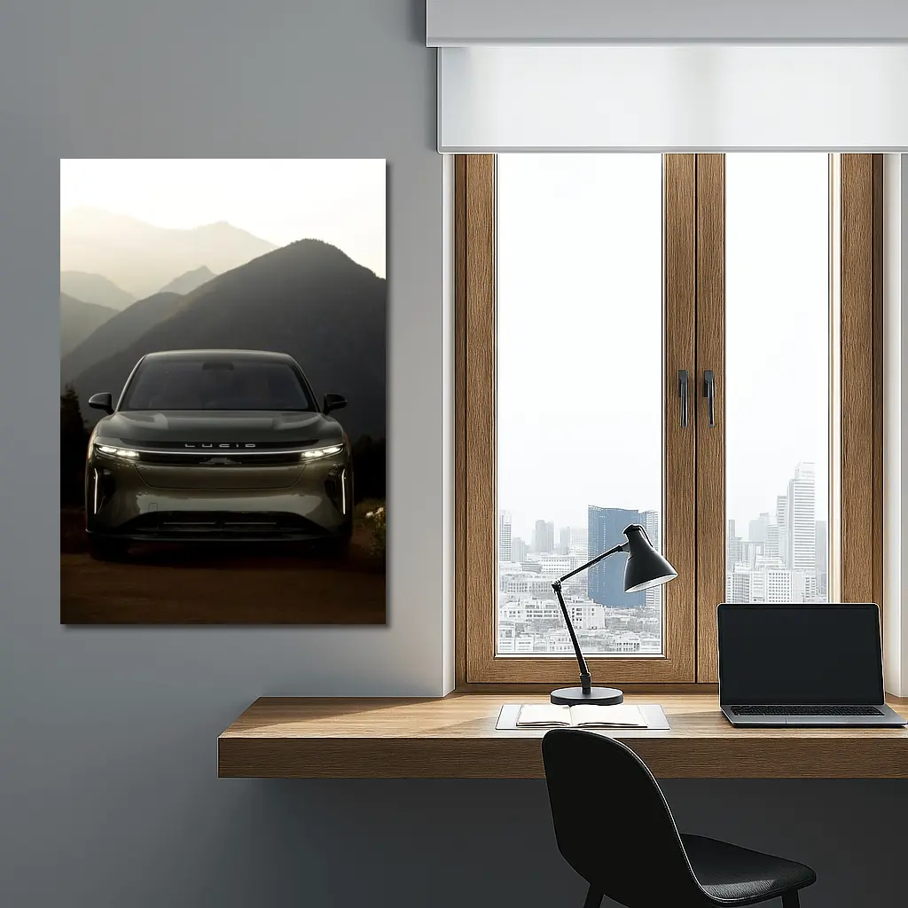 Lucid SUV Front View Mountain Backdrop – Wall Art