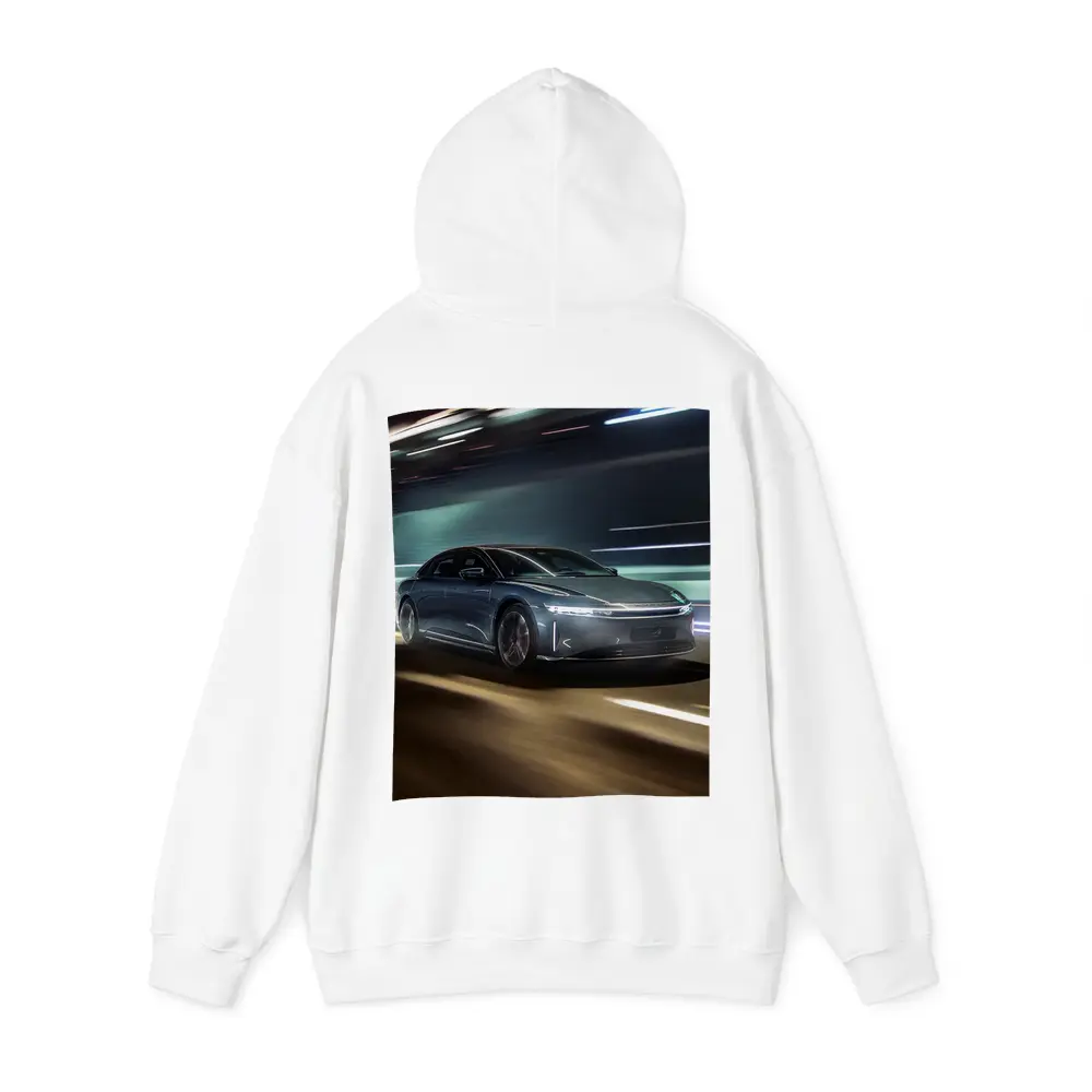 Lucid Air Speeding Through Neon Tunnel Night – Hoodies