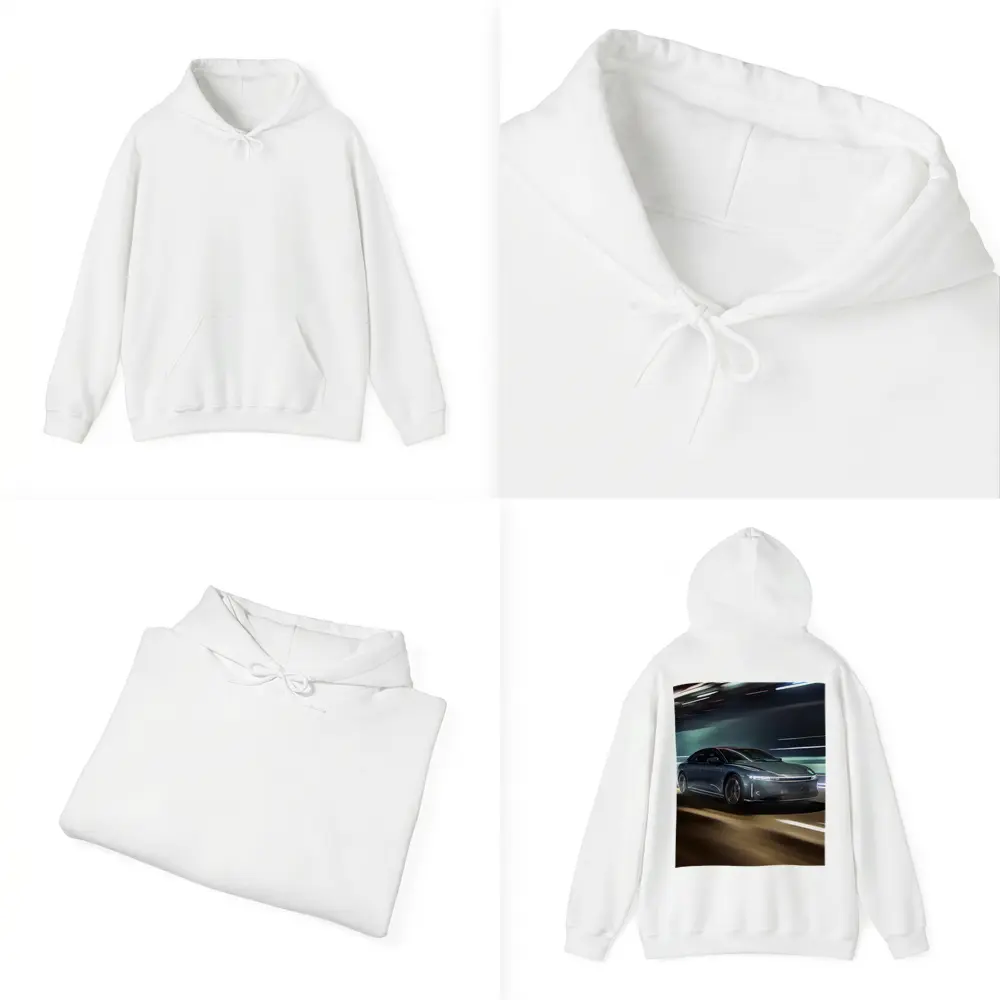 Lucid Air Speeding Through Neon Tunnel Night – Hoodies