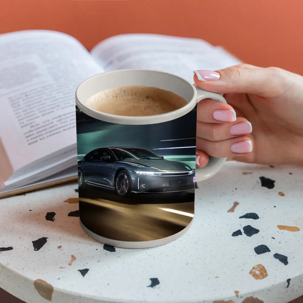 Lucid Air Speeding Through Neon Tunnel Night – Mugs