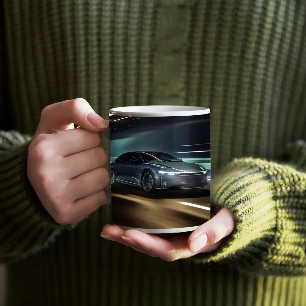 Lucid Air Speeding Through Neon Tunnel Night – Mugs