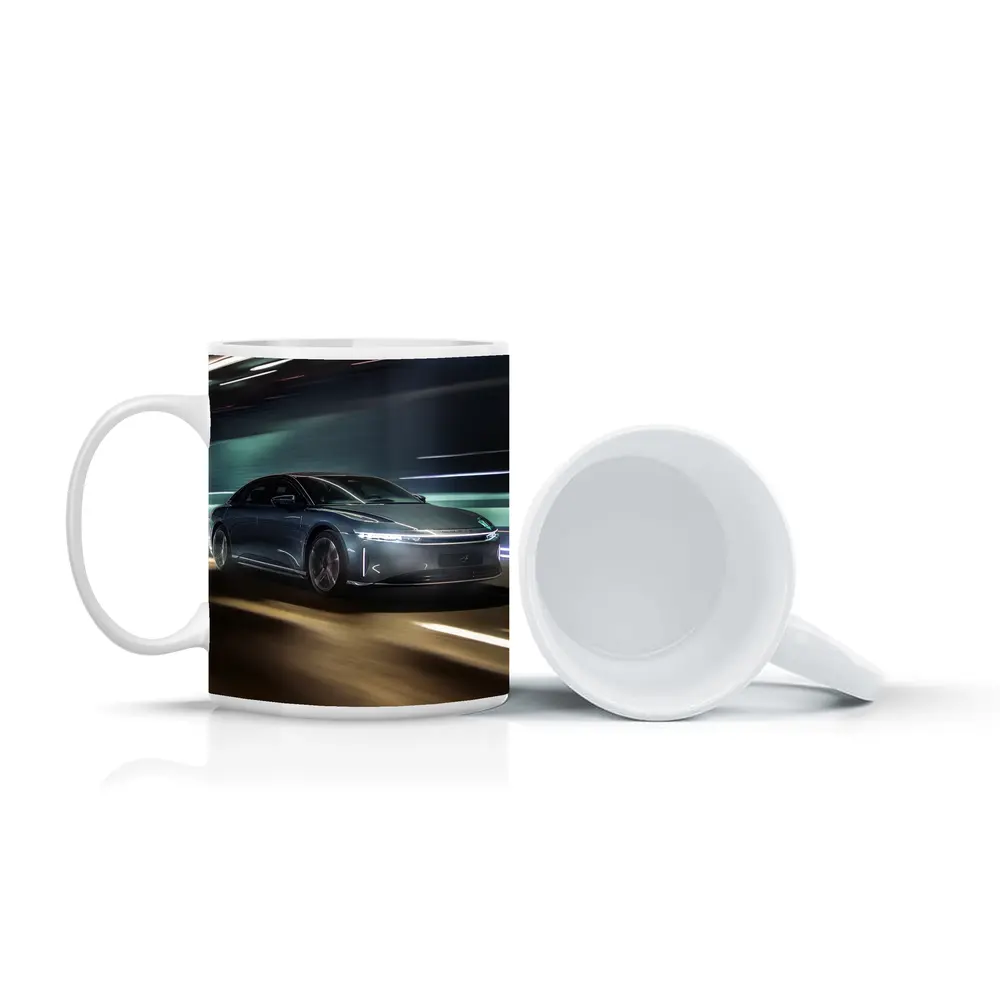 Lucid Air Speeding Through Neon Tunnel Night – Mugs