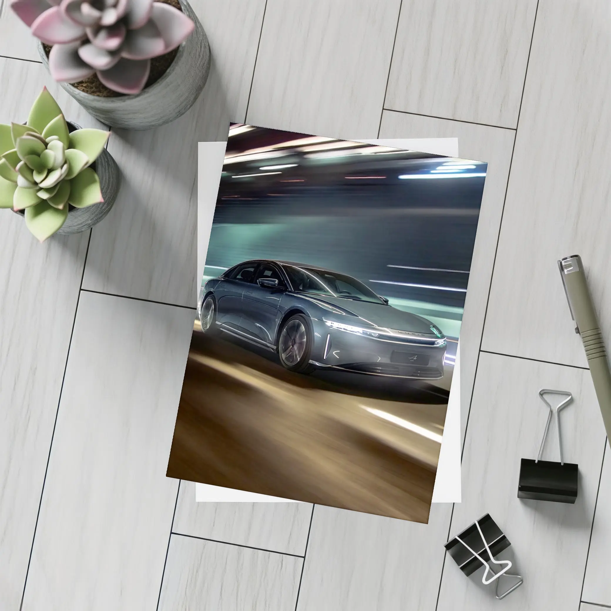 Lucid Air Speeding Through Neon Tunnel Night – Postcards