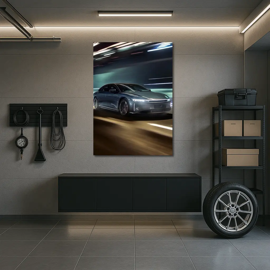 Lucid Air Speeding Through Neon Tunnel Night – Wall Art