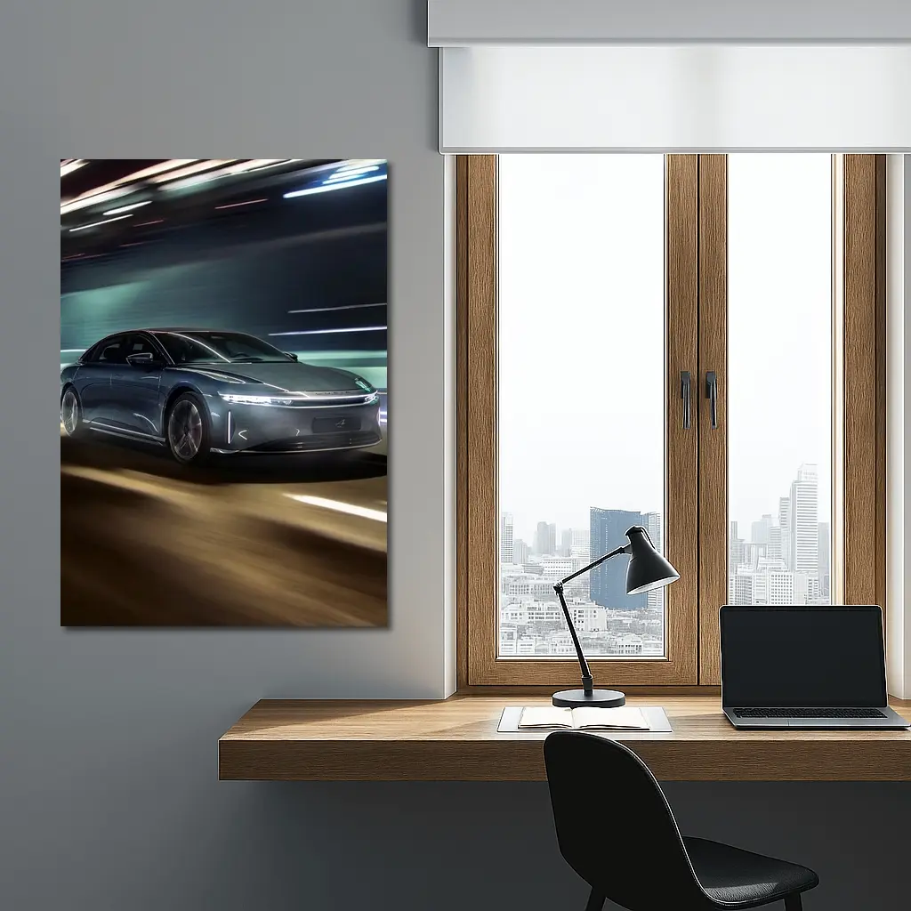 Lucid Air Speeding Through Neon Tunnel Night – Wall Art
