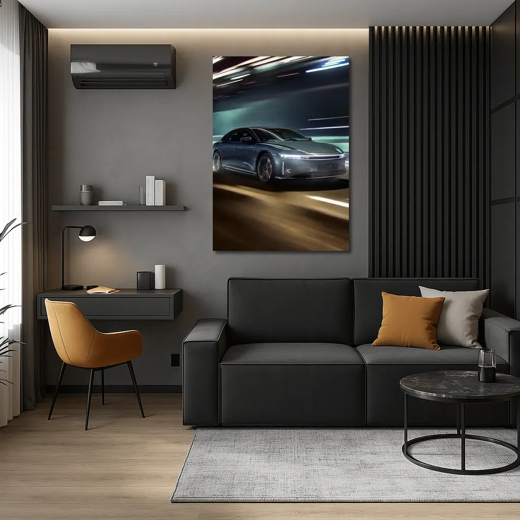 Lucid Air Speeding Through Neon Tunnel Night – Wall Art