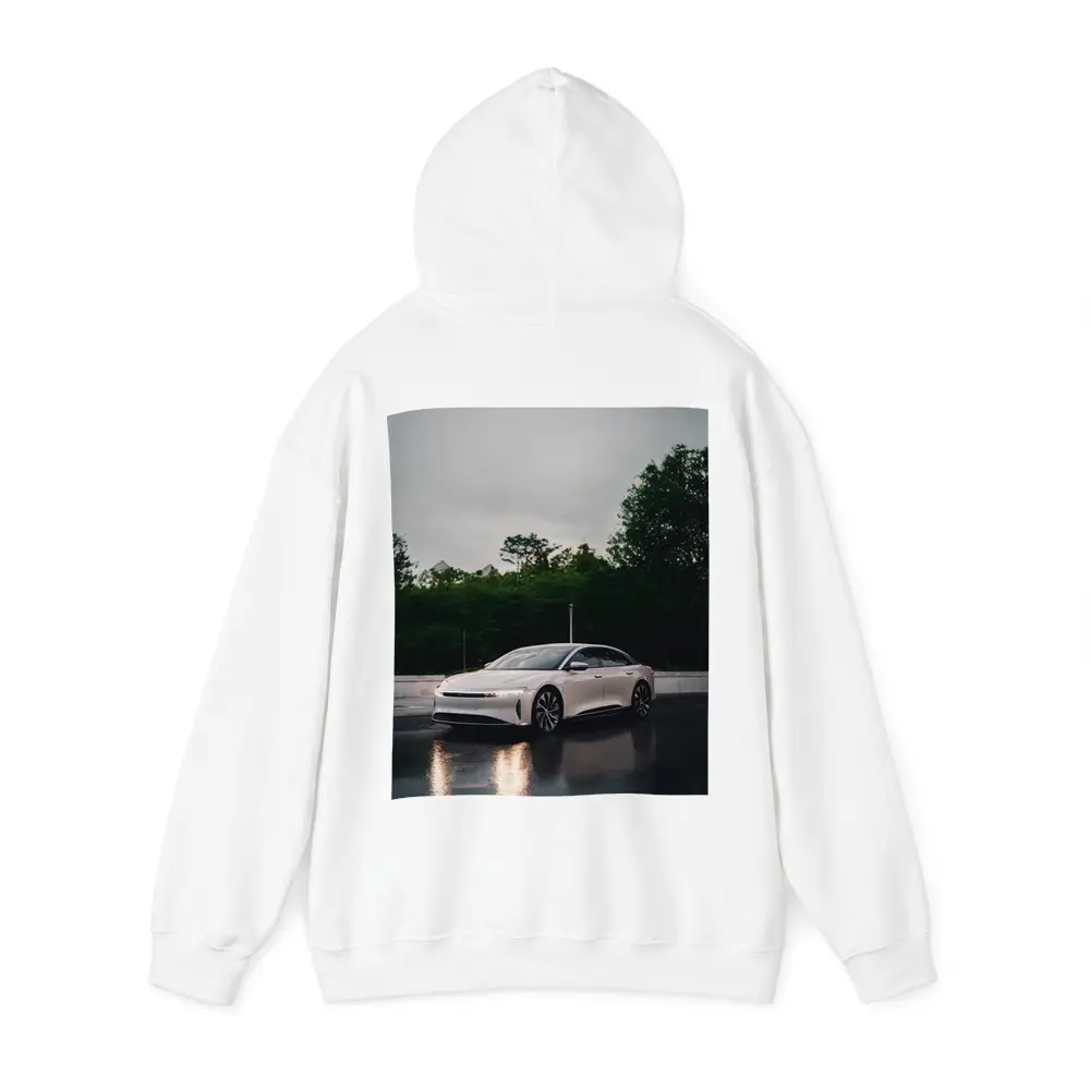 Lucid Air White Sedan Rainy City Street – Hoodies