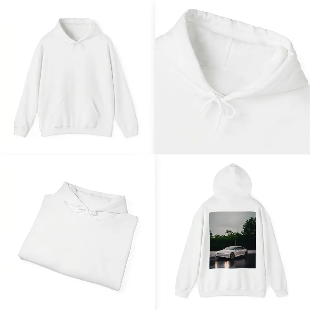 Lucid Air White Sedan Rainy City Street – Hoodies