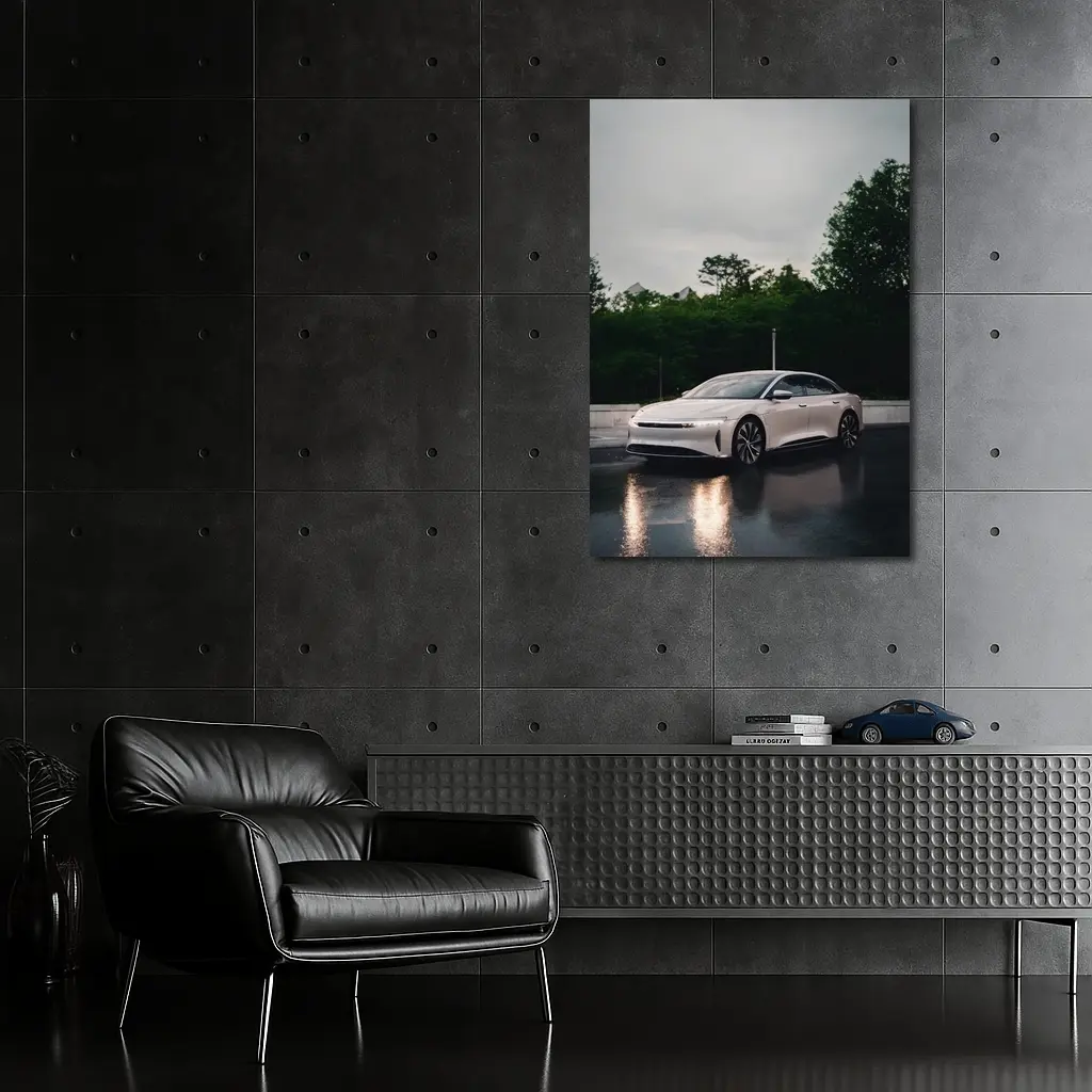 Lucid Air White Sedan Rainy City Street – Wall Art