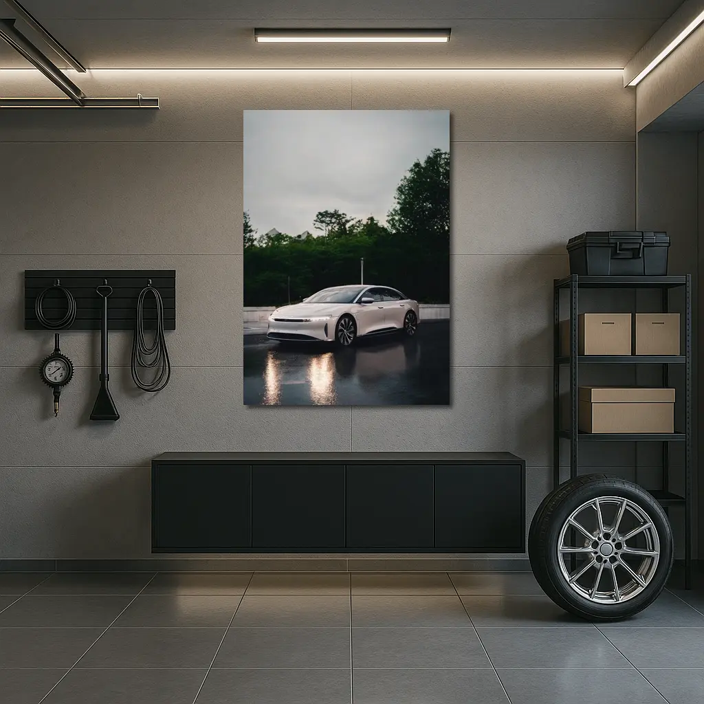 Lucid Air White Sedan Rainy City Street – Wall Art