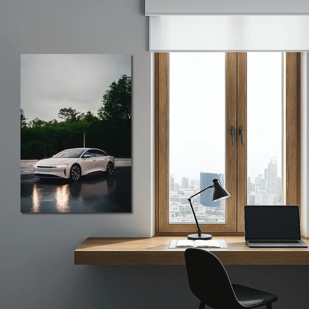 Lucid Air White Sedan Rainy City Street – Wall Art