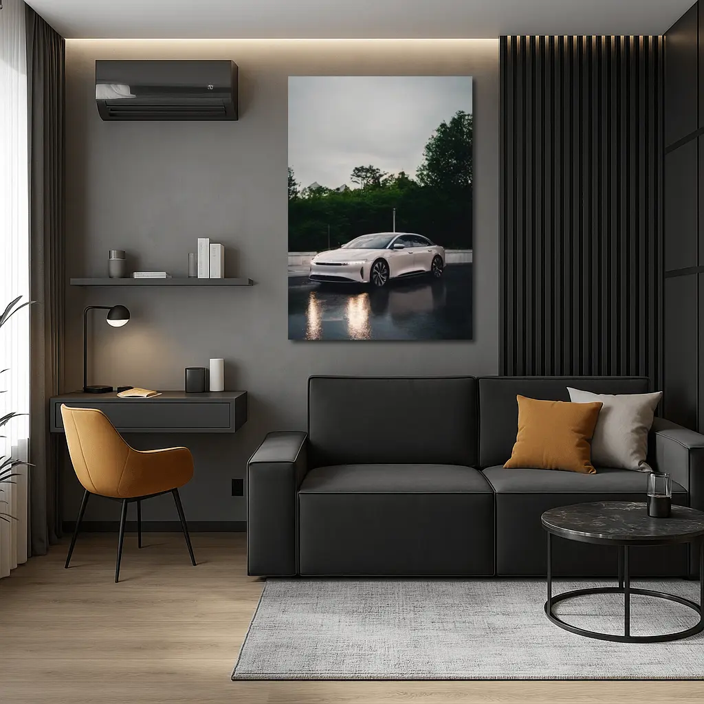 Lucid Air White Sedan Rainy City Street – Wall Art