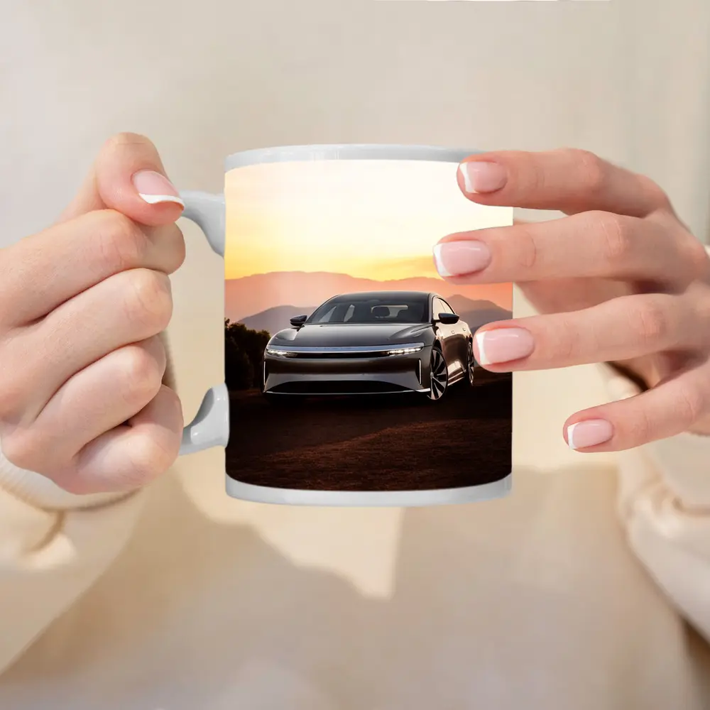 Lucid Air Sedan Mountain Sunset Background – Mugs