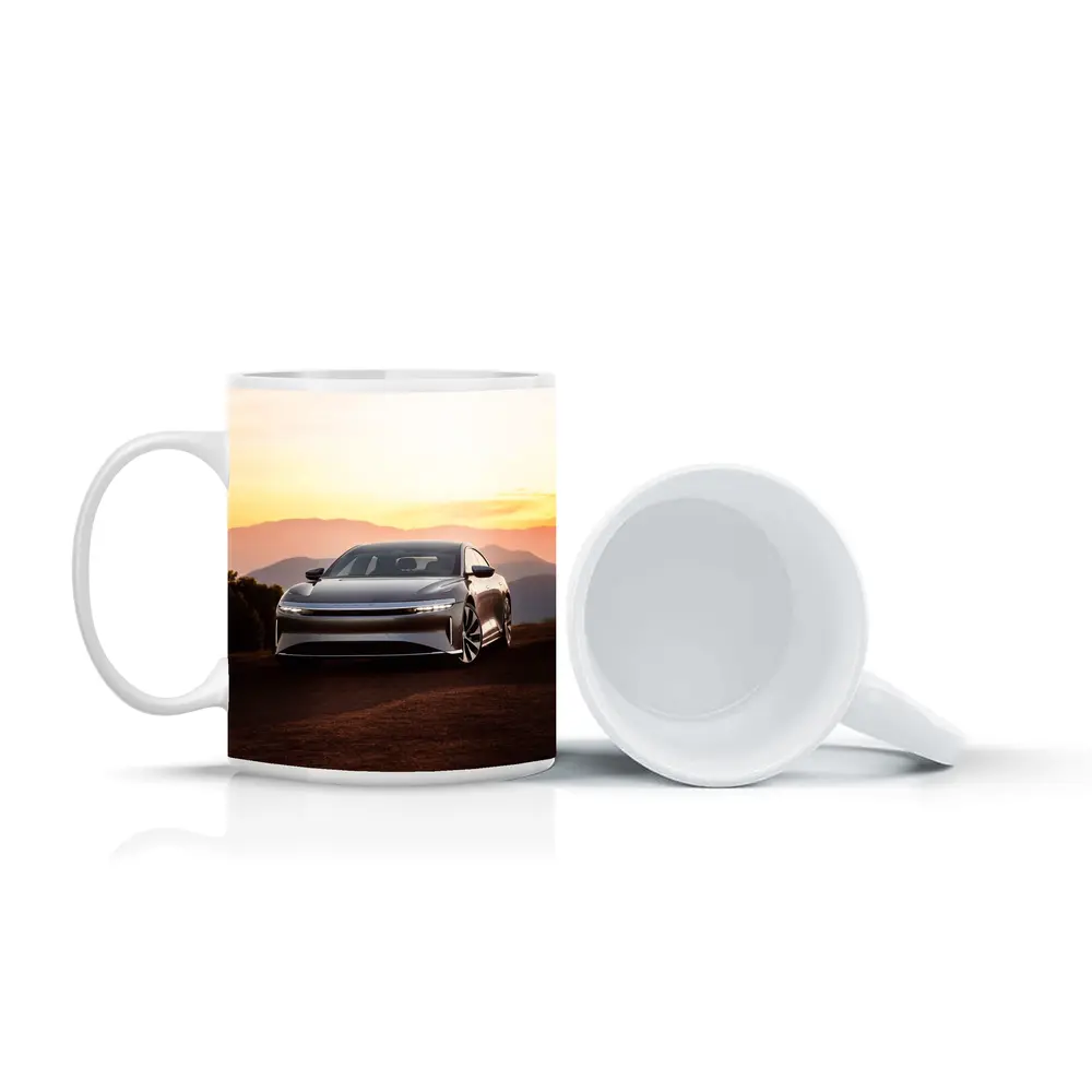 Lucid Air Sedan Mountain Sunset Background – Mugs