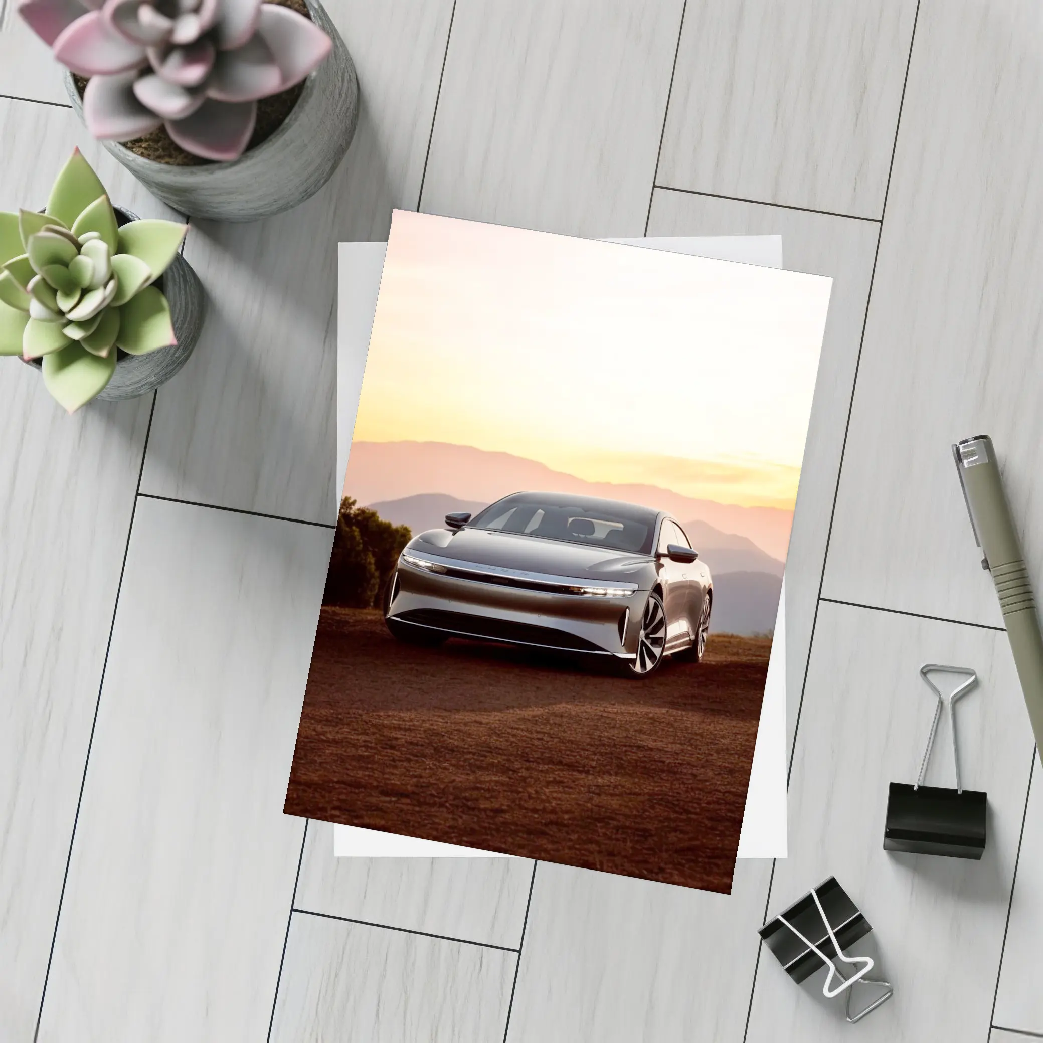 Lucid Air Sedan Mountain Sunset Background – Postcards