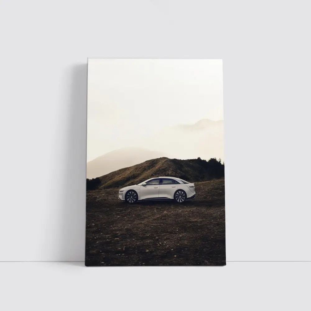Lucid Air White Sedan Misty Mountain Landscape – Wall Art