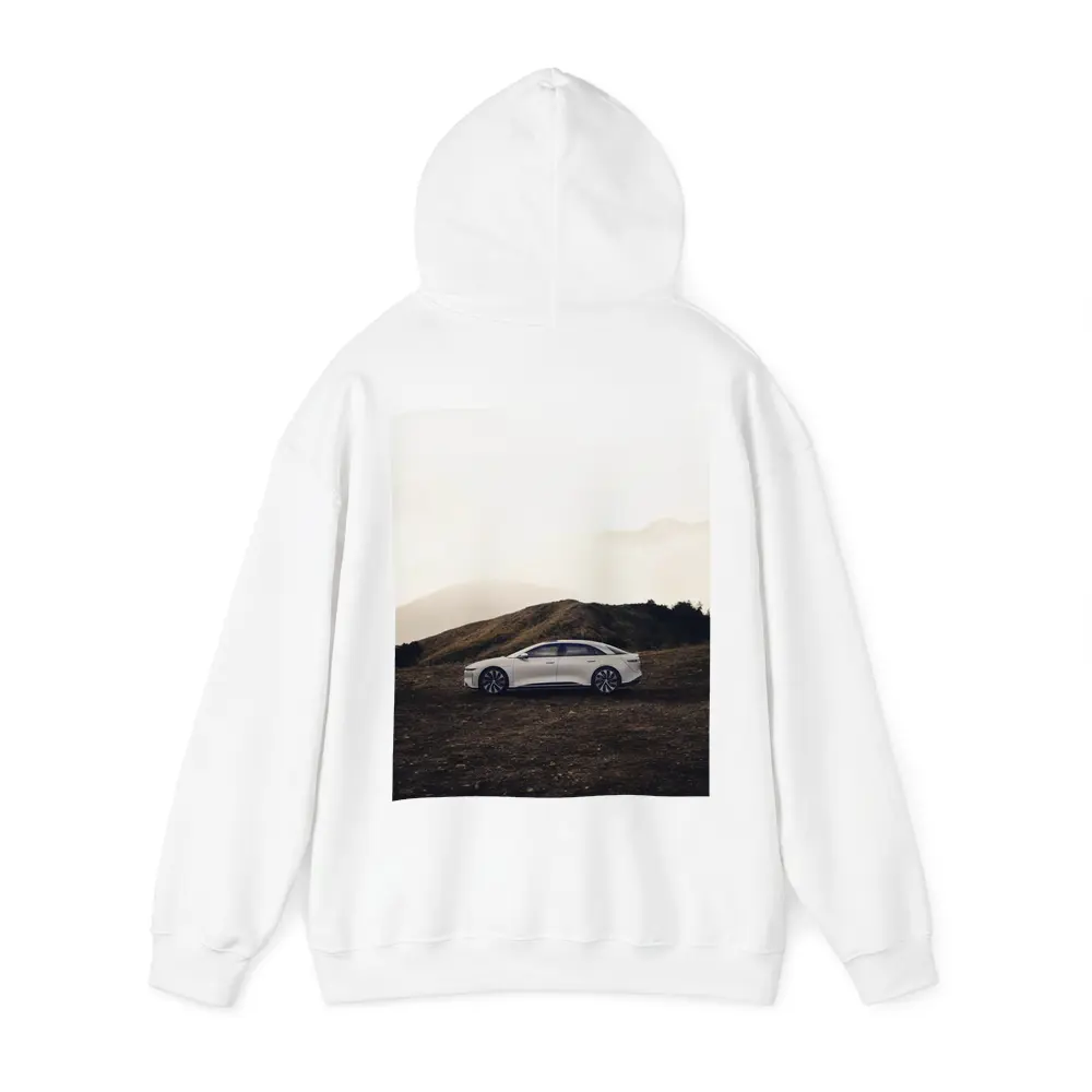 Lucid Air White Sedan Misty Mountain Landscape – Hoodies