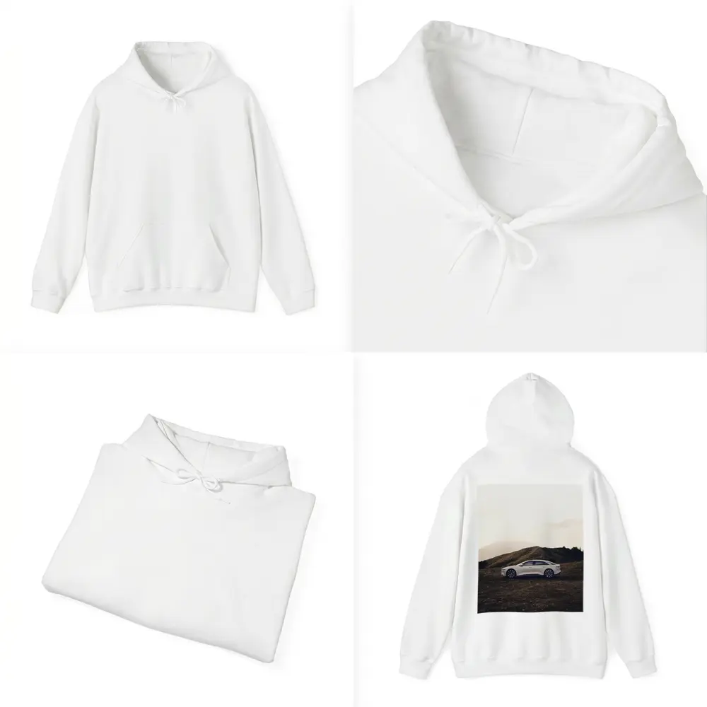 Lucid Air White Sedan Misty Mountain Landscape – Hoodies