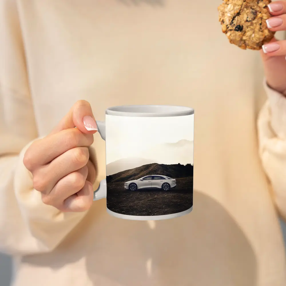 Lucid Air White Sedan Misty Mountain Landscape – Mugs
