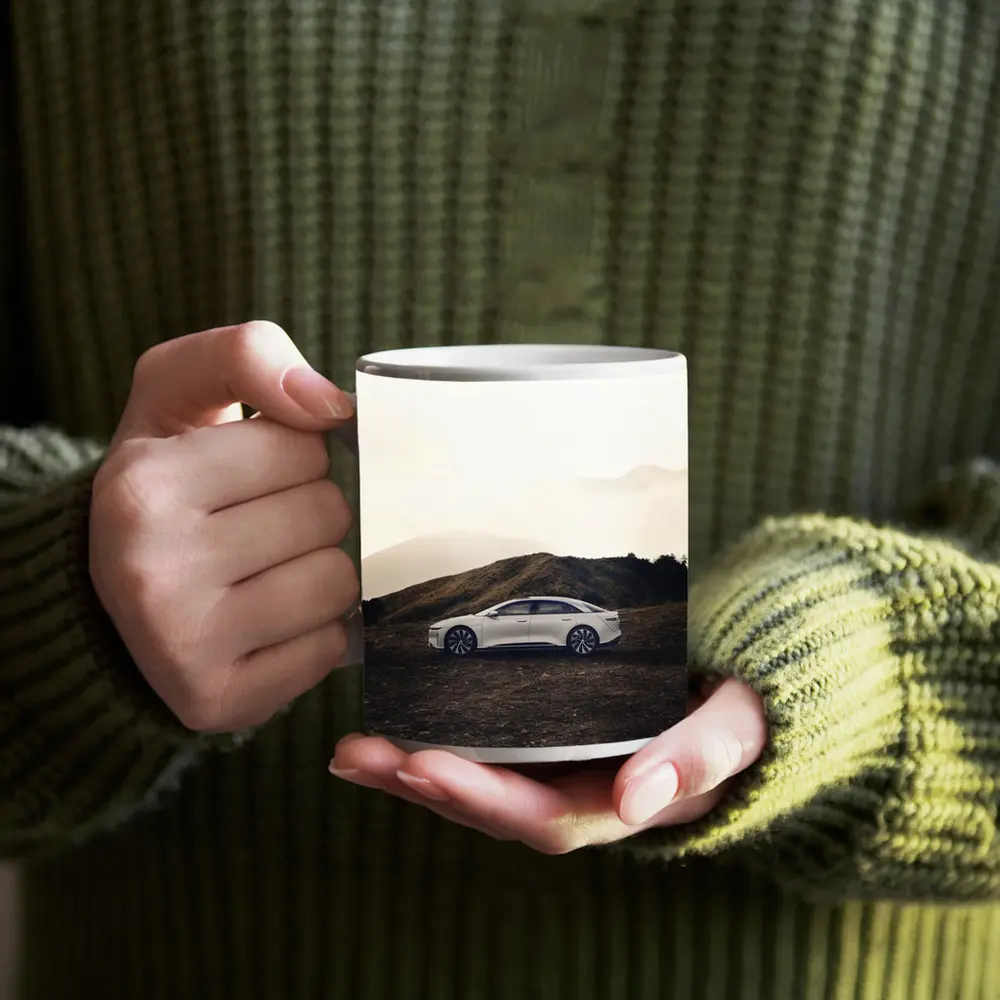 Lucid Air White Sedan Misty Mountain Landscape – Mugs