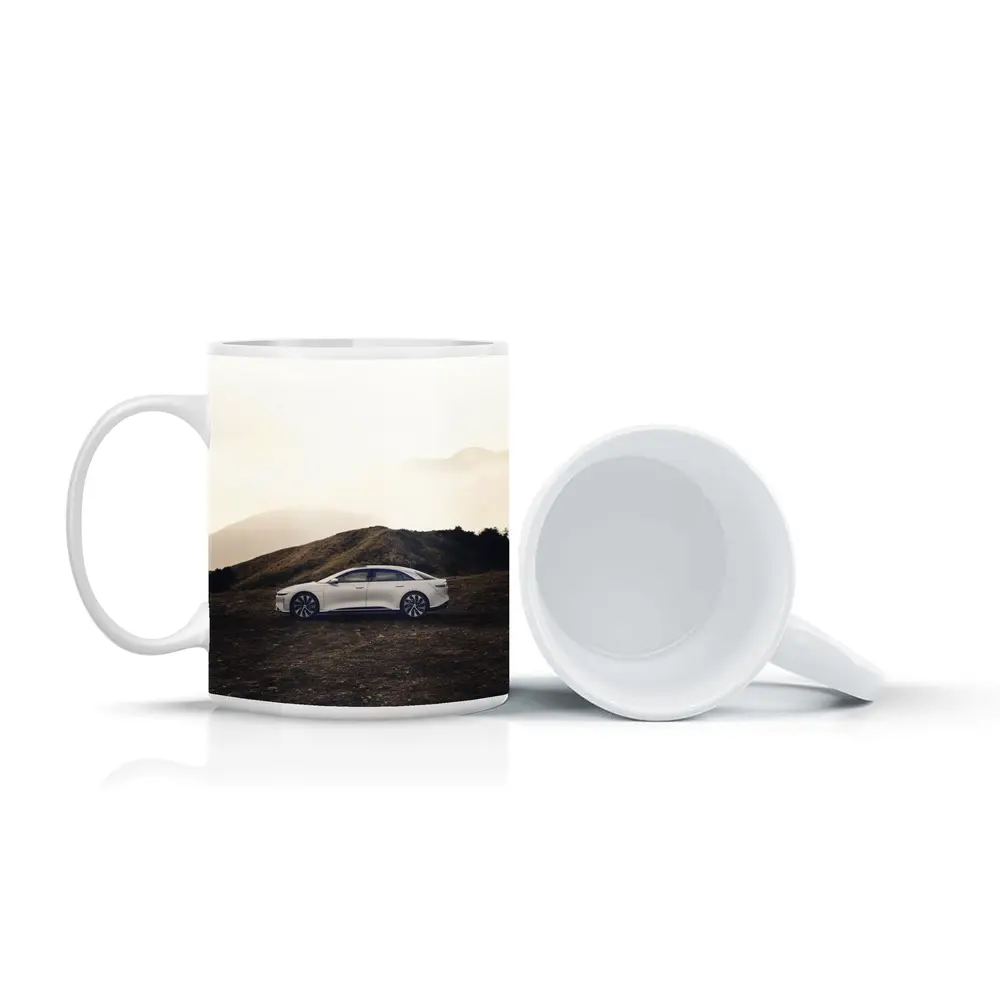 Lucid Air White Sedan Misty Mountain Landscape – Mugs