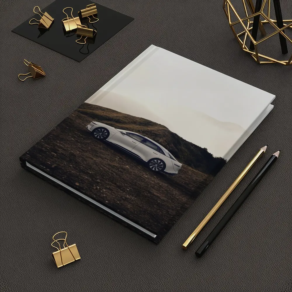 Lucid Air White Sedan Misty Mountain Landscape – Notebooks