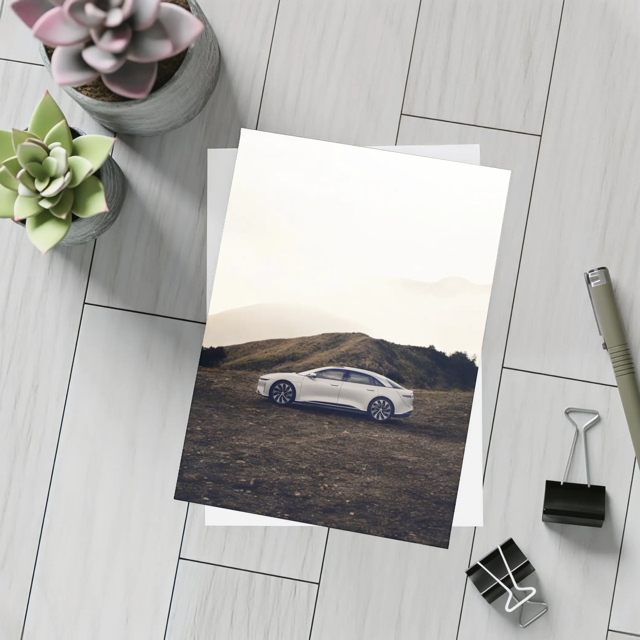 Lucid Air White Sedan Misty Mountain Landscape – Postcards