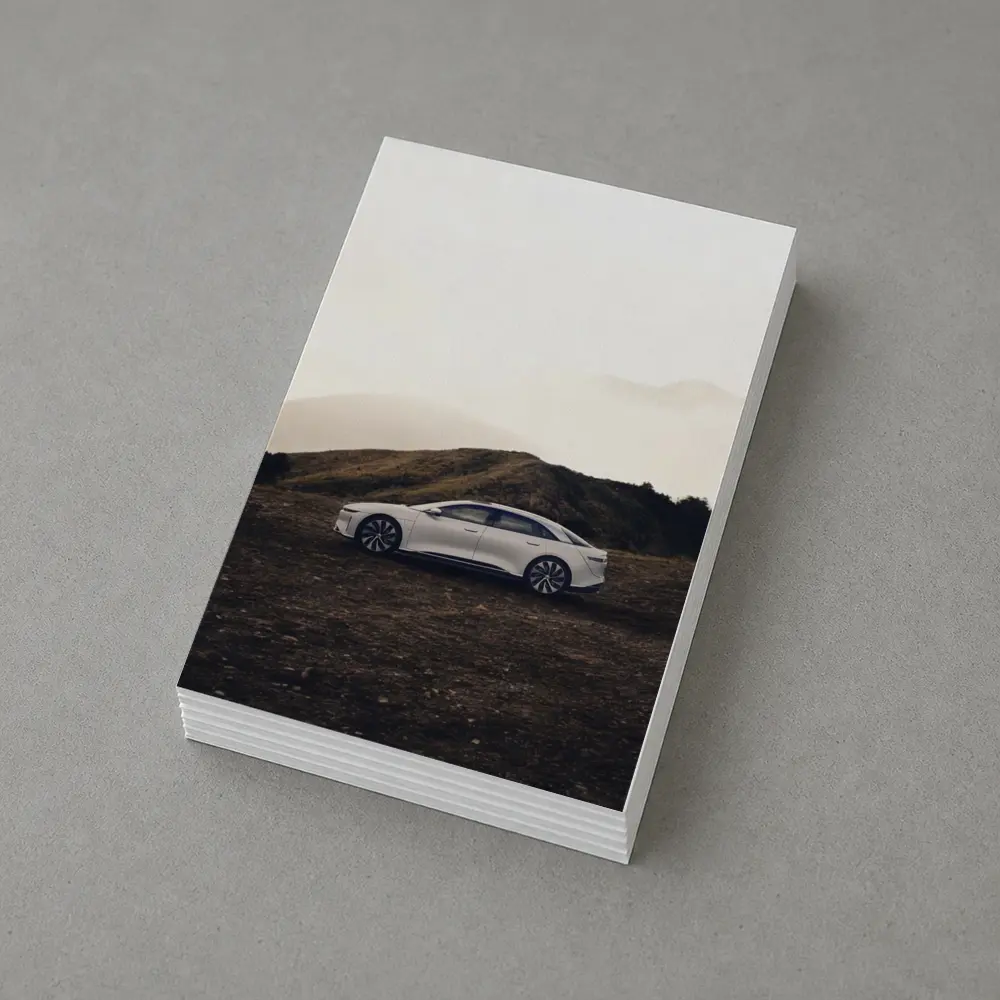 Lucid Air White Sedan Misty Mountain Landscape – Postcards