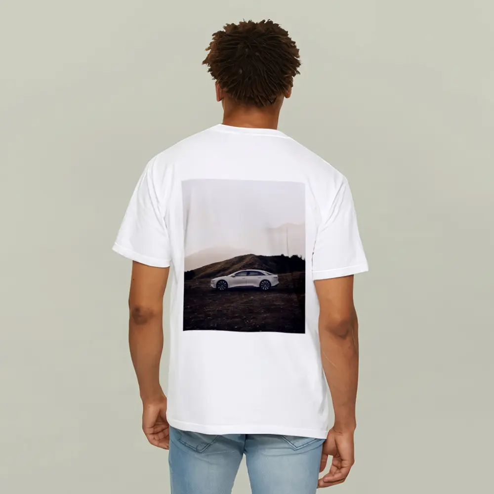 Lucid Air White Sedan Misty Mountain Landscape – T-Shirts