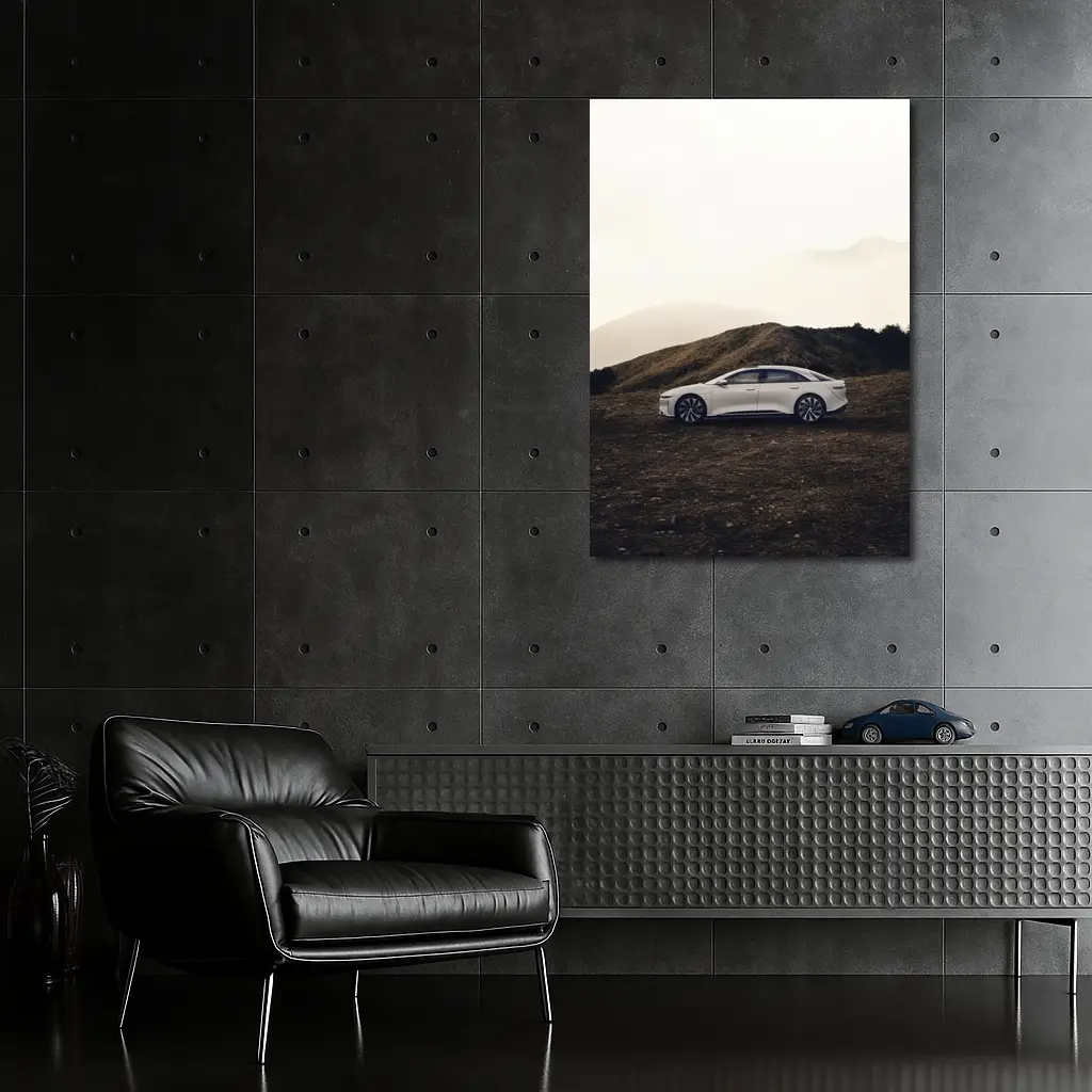 Lucid Air White Sedan Misty Mountain Landscape – Wall Art