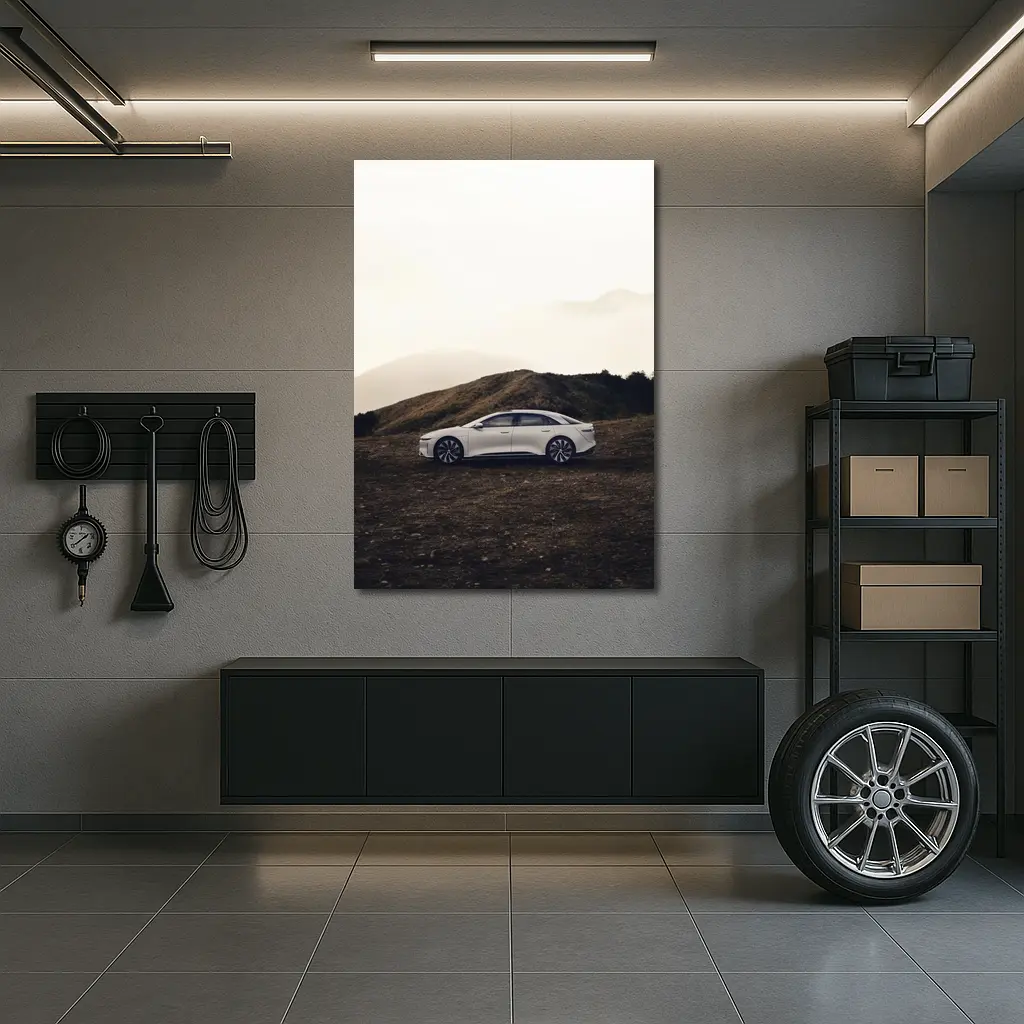 Lucid Air White Sedan Misty Mountain Landscape – Wall Art