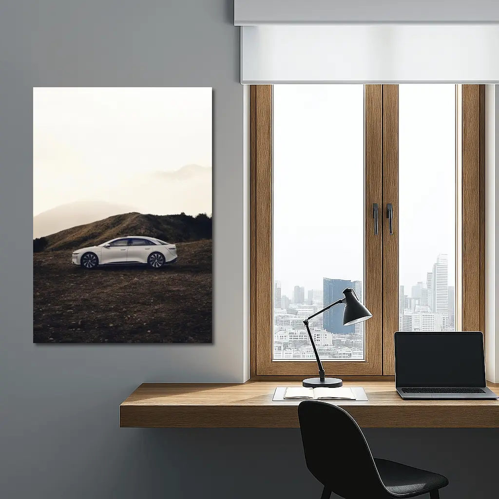 Lucid Air White Sedan Misty Mountain Landscape – Wall Art