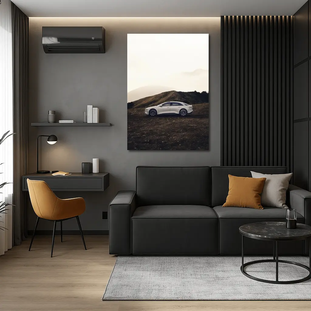 Lucid Air White Sedan Misty Mountain Landscape – Wall Art