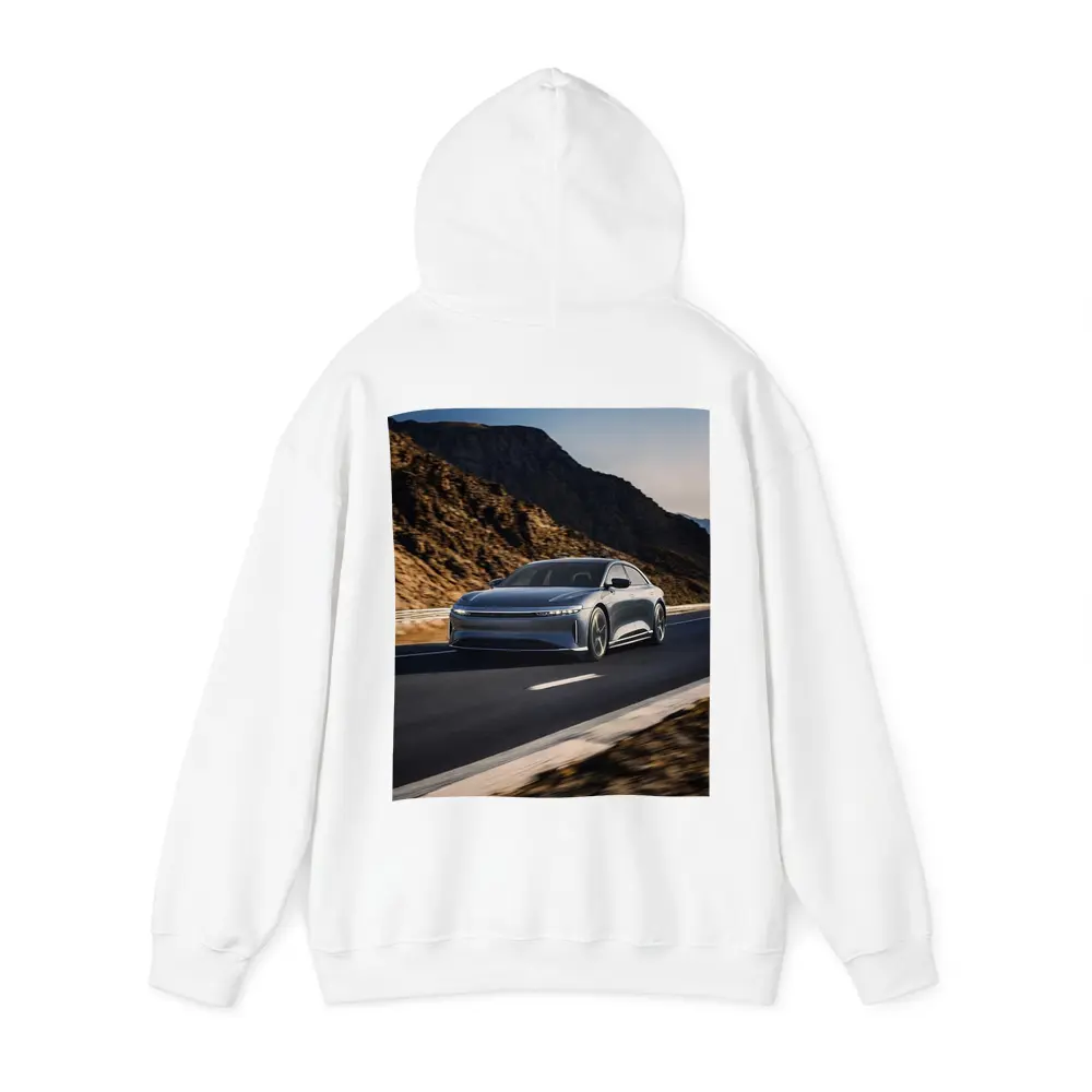 Lucid Air Speeding Through Rocky Mountain Road – Hoodies