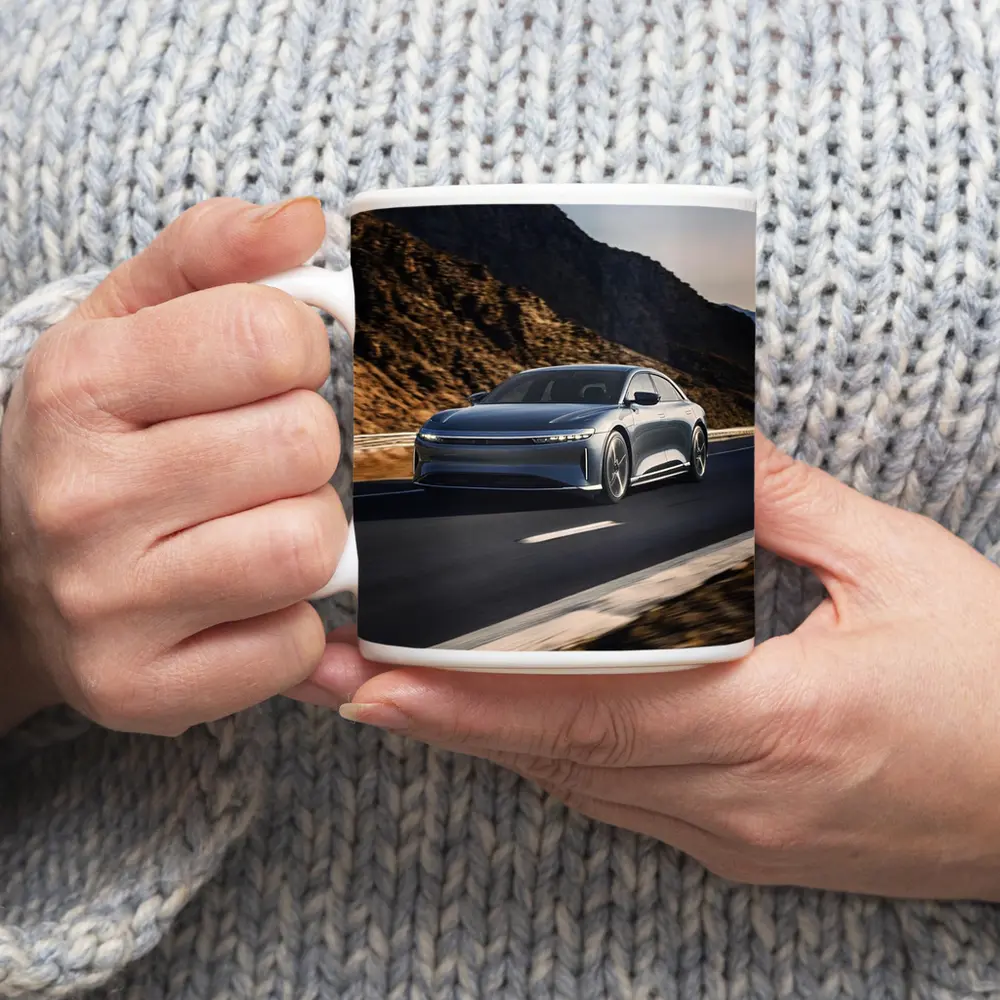 Lucid Air Speeding Through Rocky Mountain Road – Mugs