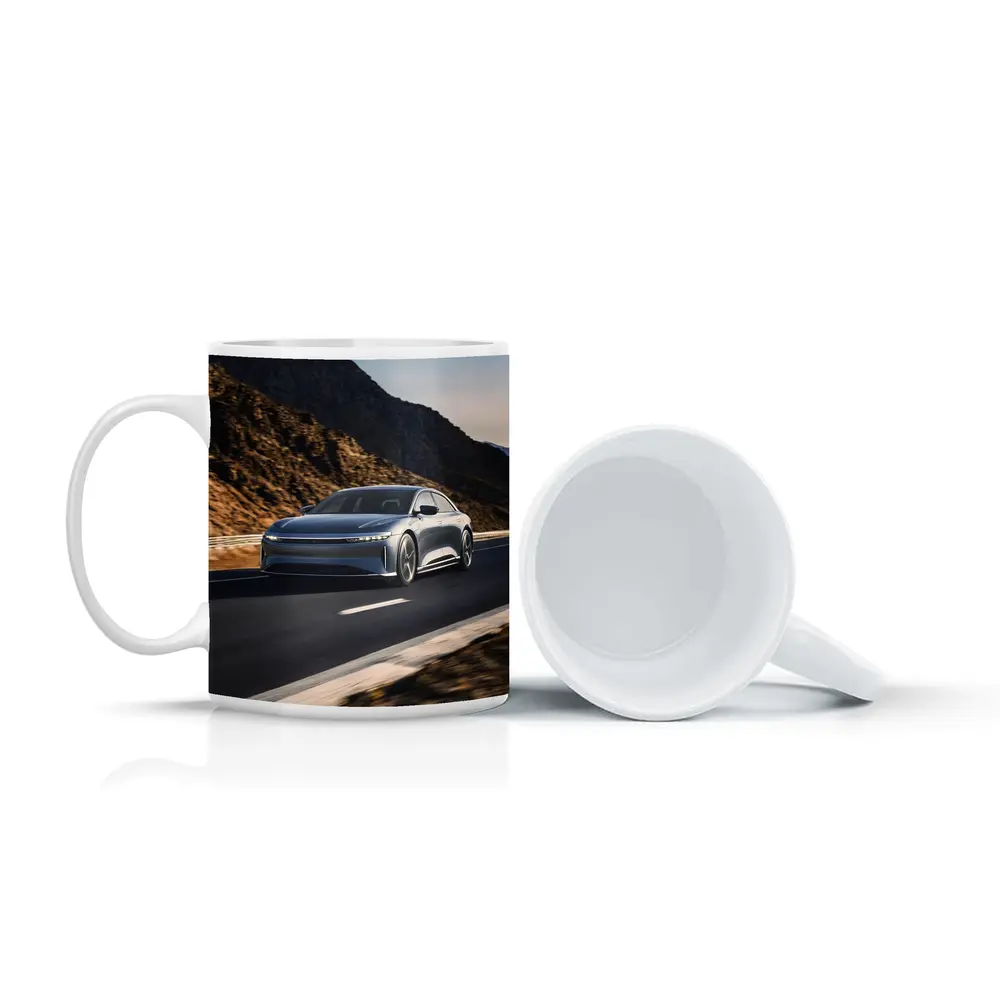 Lucid Air Speeding Through Rocky Mountain Road – Mugs