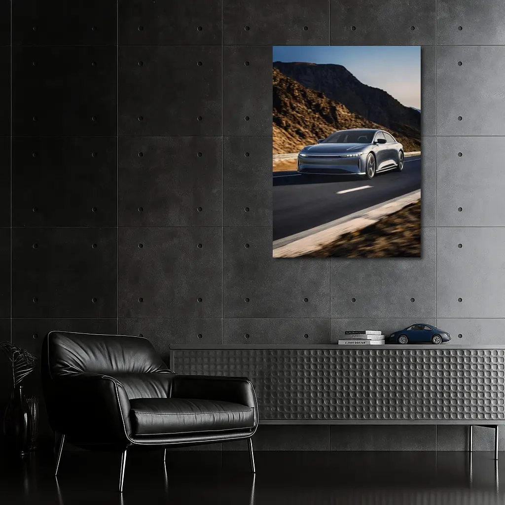 Lucid Air Speeding Through Rocky Mountain Road – Wall Art