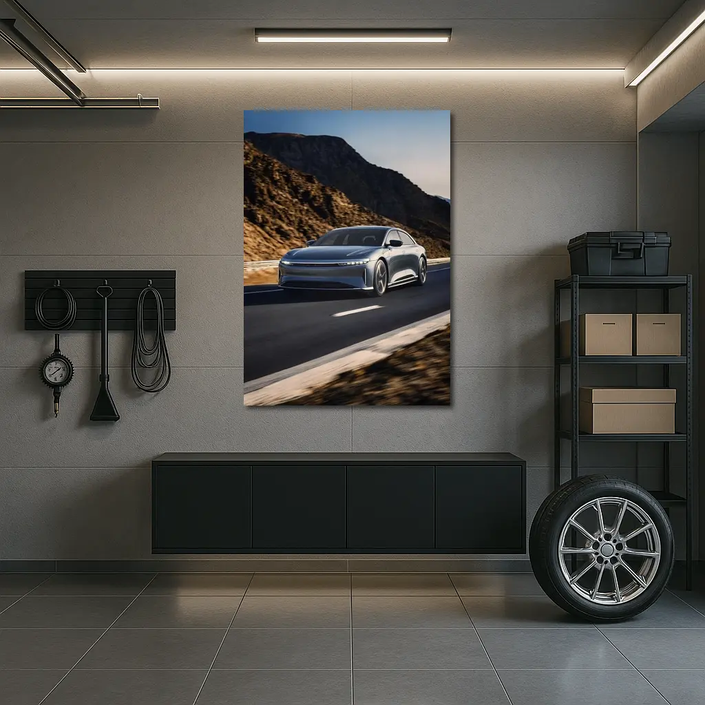 Lucid Air Speeding Through Rocky Mountain Road – Wall Art