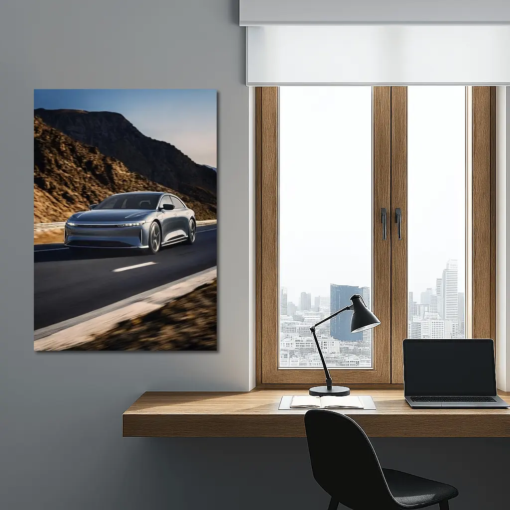 Lucid Air Speeding Through Rocky Mountain Road – Wall Art