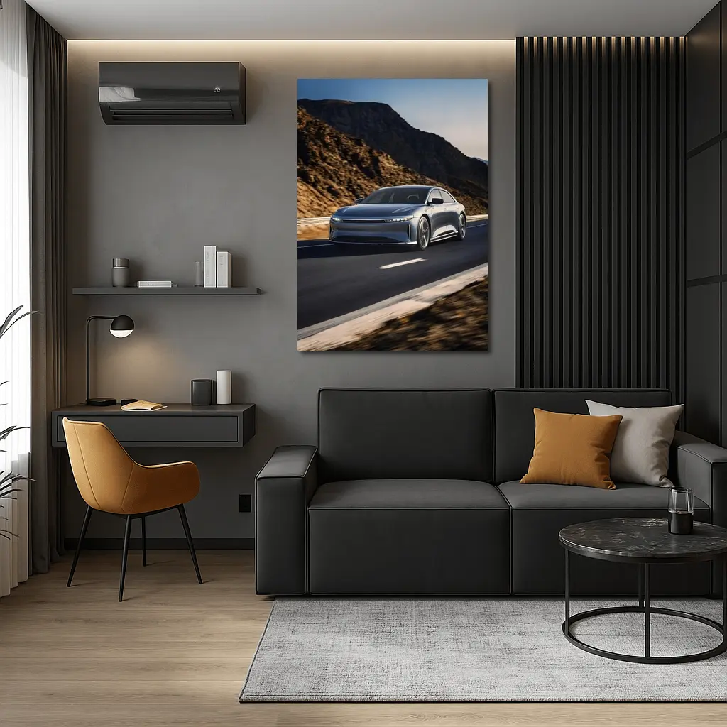 Lucid Air Speeding Through Rocky Mountain Road – Wall Art