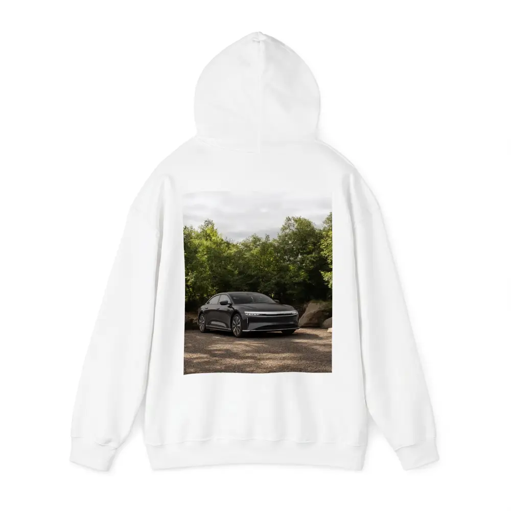 Lucid Air Dark Sedan Parked Among Trees – Hoodies